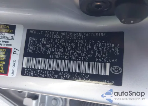 2012 Toyota Camry Se из США, поврежденный, VIN 4T1BF1FK9CU052192